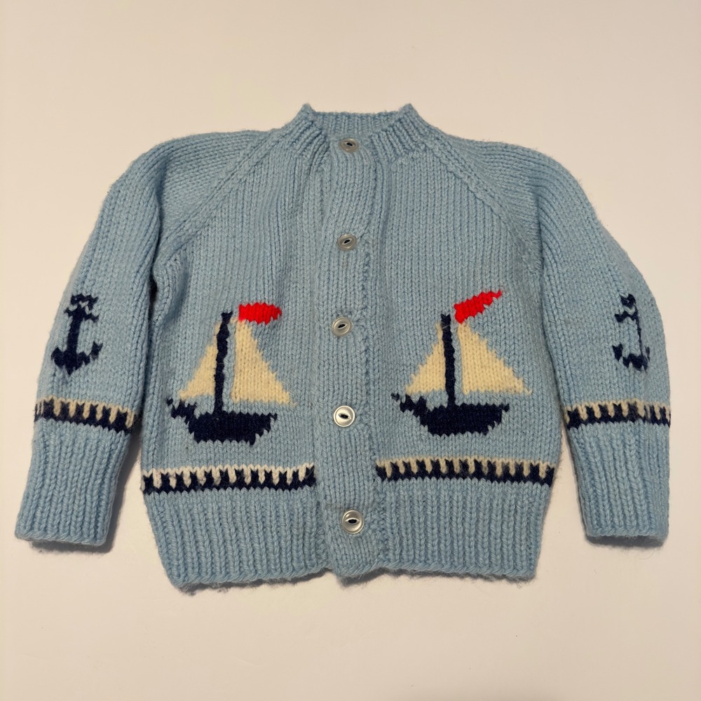 Handmade Sailboat Cardigan Blue Nautical Knit Vintage 12-18M Coastal Sailor
